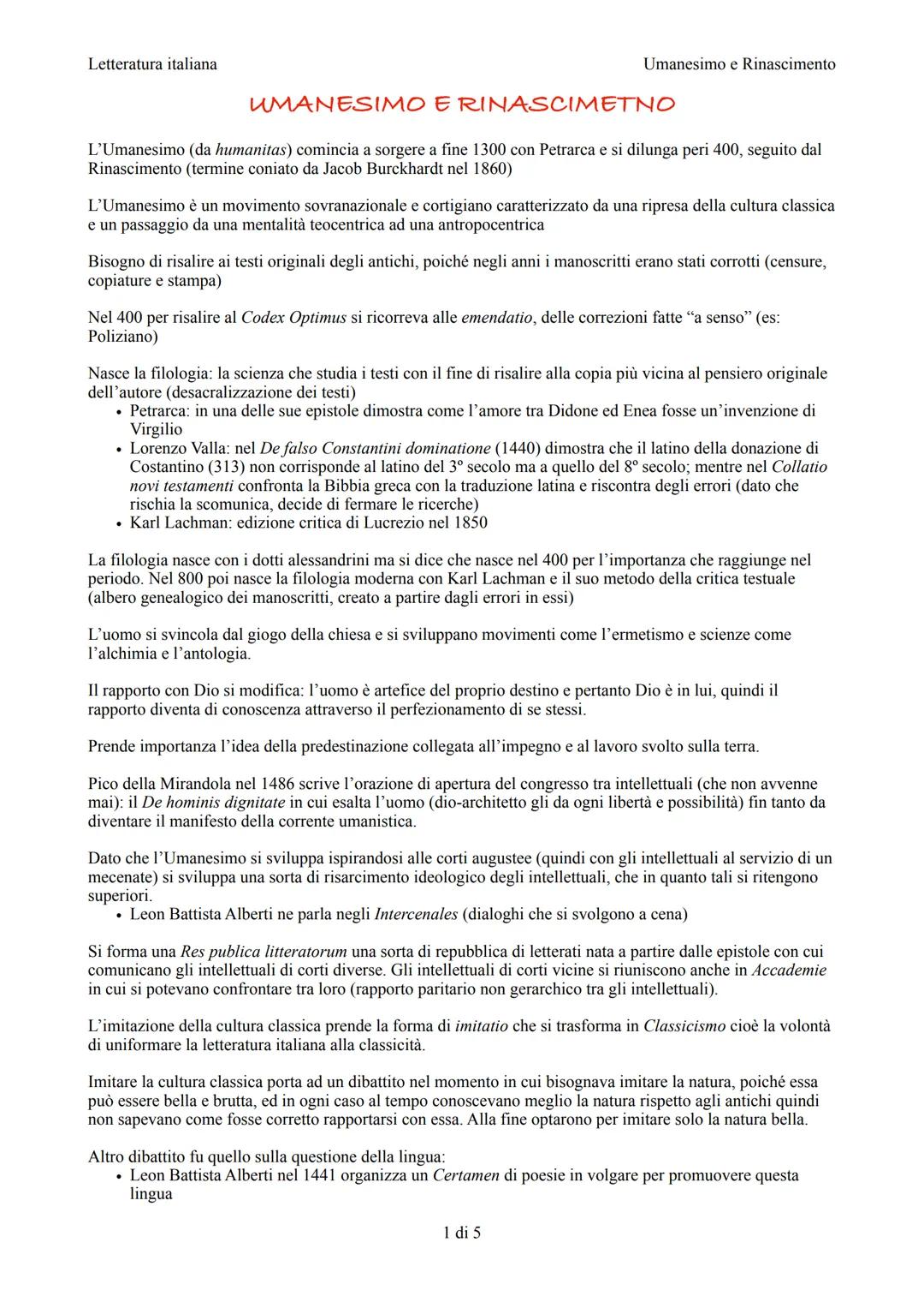 Letteratura italiana
Umanesimo e Rinascimento
UMANESIMO E RINASCIMETNO
L'Umanesimo (da humanitas) comincia a sorgere a fine 1300 con Petrarc