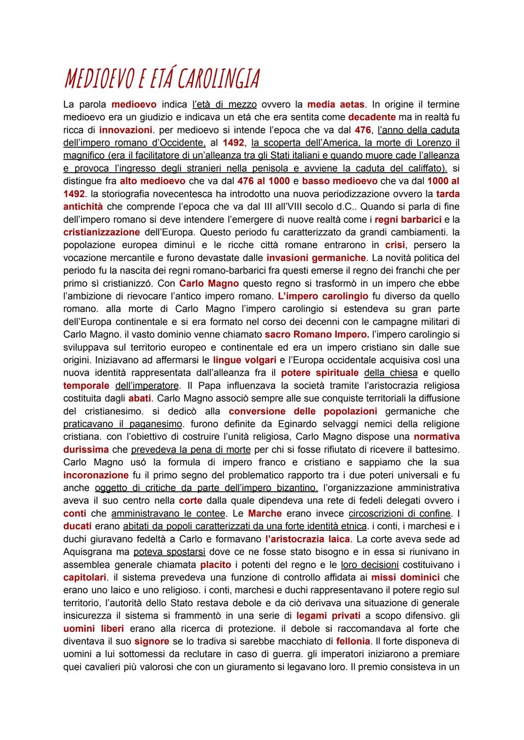 MEDIOEVO E ETÁ CAROLINGIA
La parola medioevo indica l'età di mezzo ovvero la media aetas. In origine il termine
medioevo era un giudizio e i