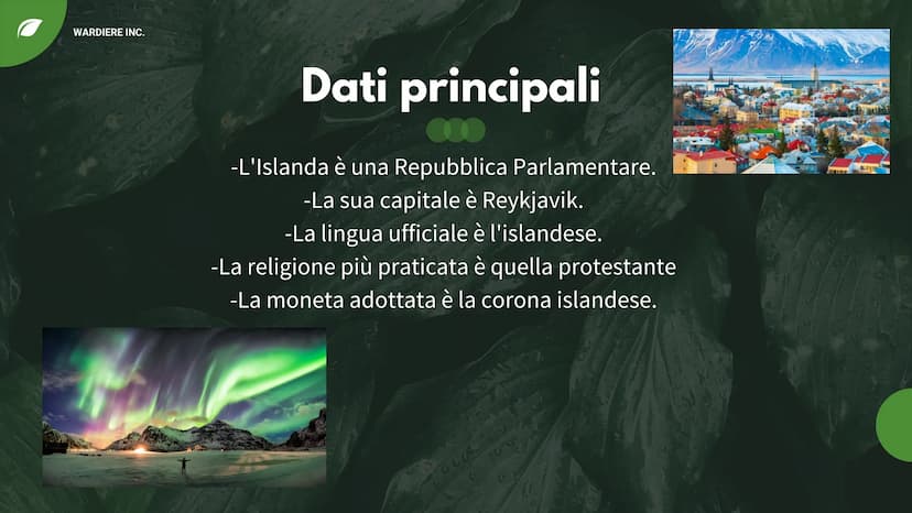 w
L'ISLANDA WARDIERE INC.
Dati principali
-L'Islanda è una Repubblica Parlamentare.
-La sua capitale è Reykjavik.
-La lingua ufficiale è l'i