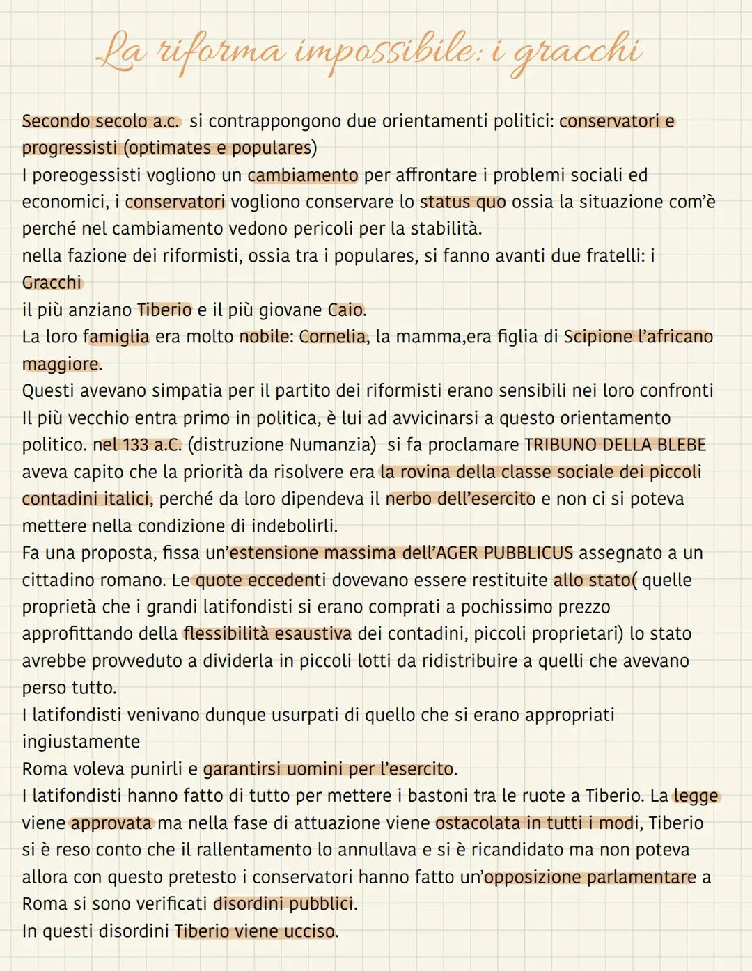 La riforma impossibile: i gracchi
Secondo secolo a.c. si contrappongono due orientamenti politici: conservatori e
progressisti (optimates e 