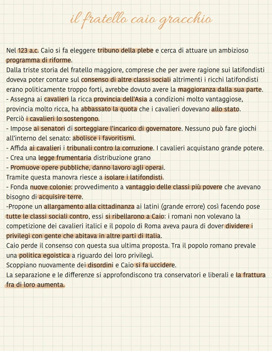 La riforma impossibile: i gracchi
Secondo secolo a.c. si contrappongono due orientamenti politici: conservatori e
progressisti (optimates e 