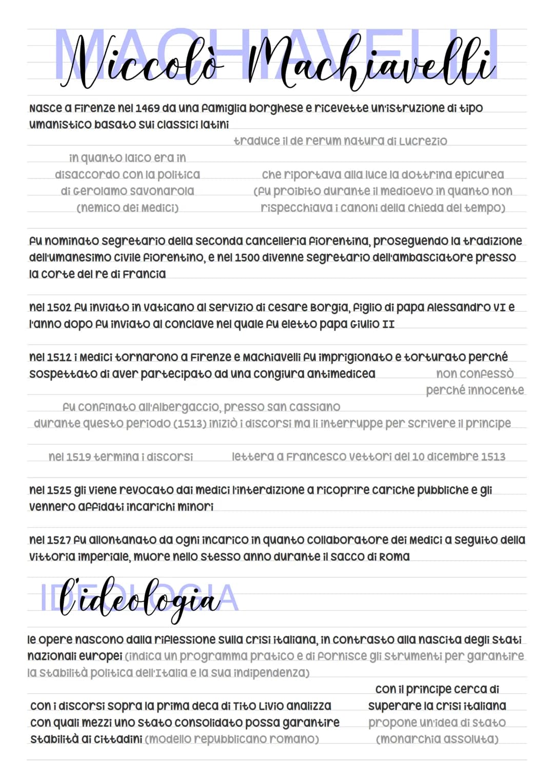 Letteratura
Martina Bruno/ Niccolò Machiavelli
Nasce a Firenze nel 1469 da una famiglia borghese e ricevette un'istruzione di tipo
umanistic