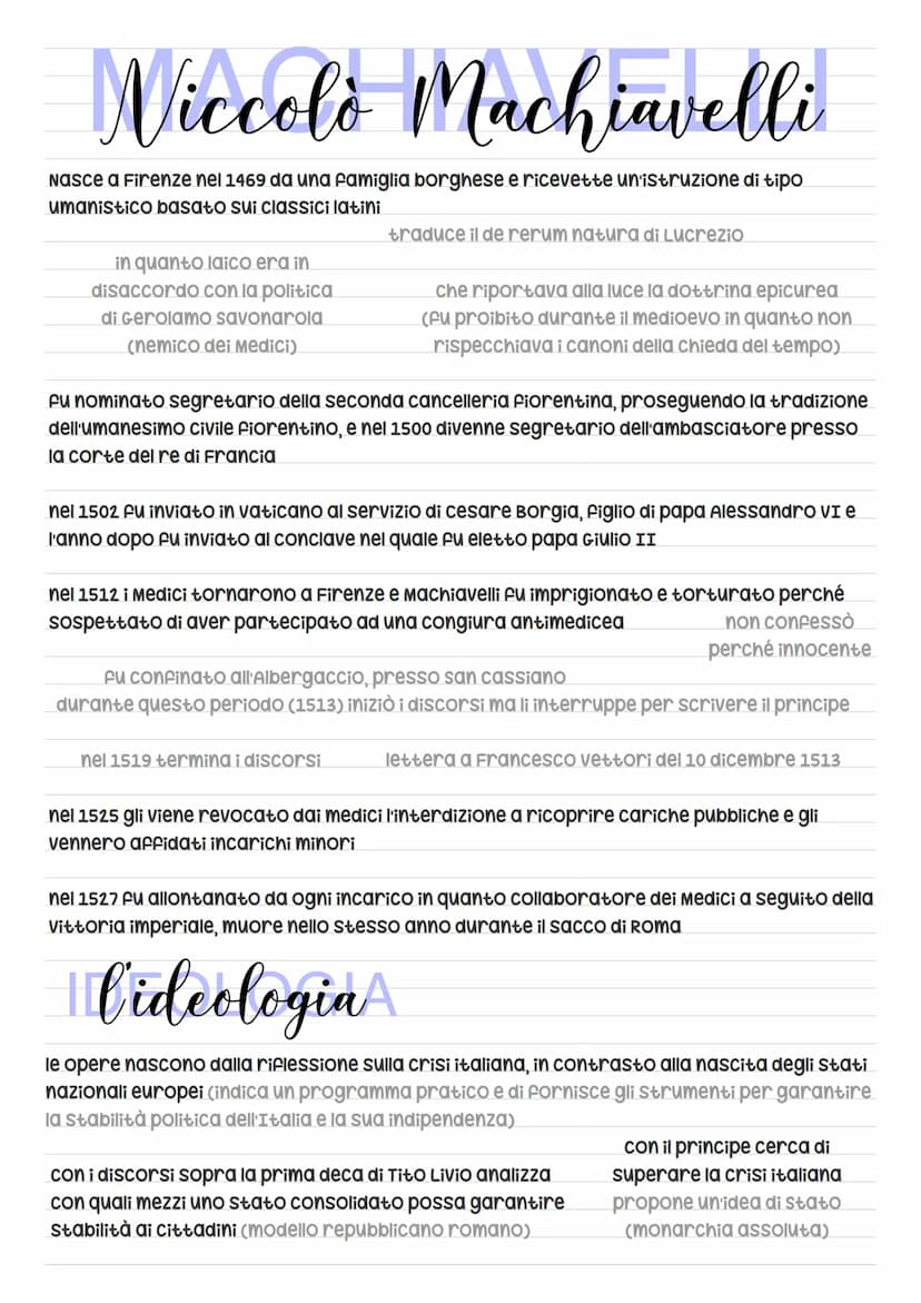 Letteratura
Martina Bruno/ Niccolò Machiavelli
Nasce a Firenze nel 1469 da una famiglia borghese e ricevette un'istruzione di tipo
umanistic