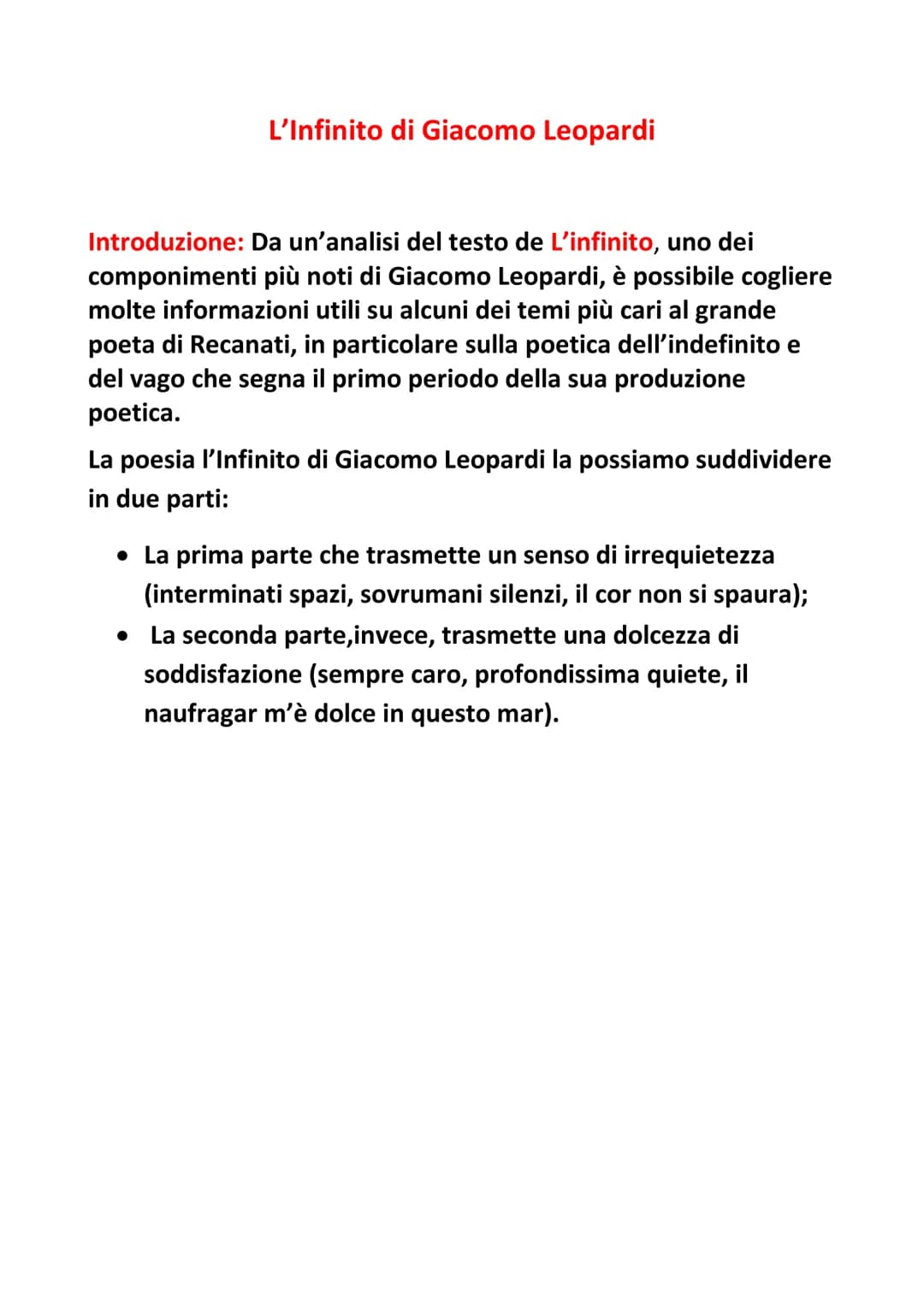 L'Infinito di Giacomo Leopardi
Introduzione: Da un'analisi del testo de L'infinito, uno dei
componimenti più noti di Giacomo Leopardi, è pos