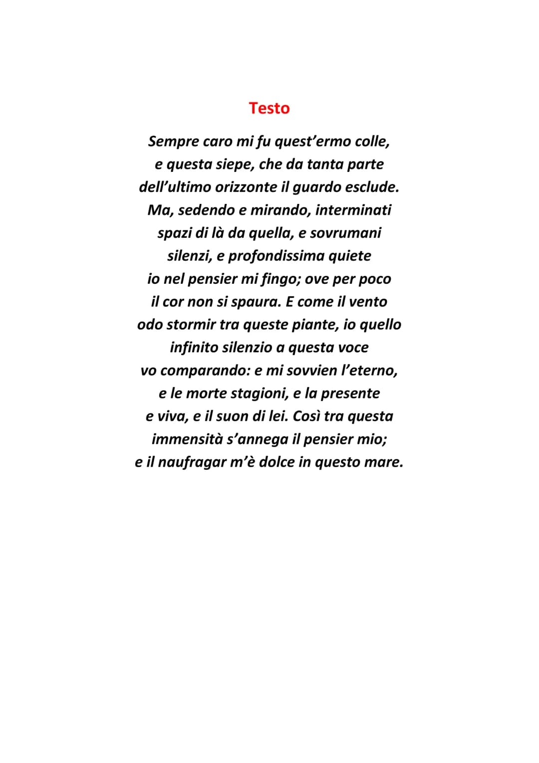 L'Infinito di Giacomo Leopardi
Introduzione: Da un'analisi del testo de L'infinito, uno dei
componimenti più noti di Giacomo Leopardi, è pos