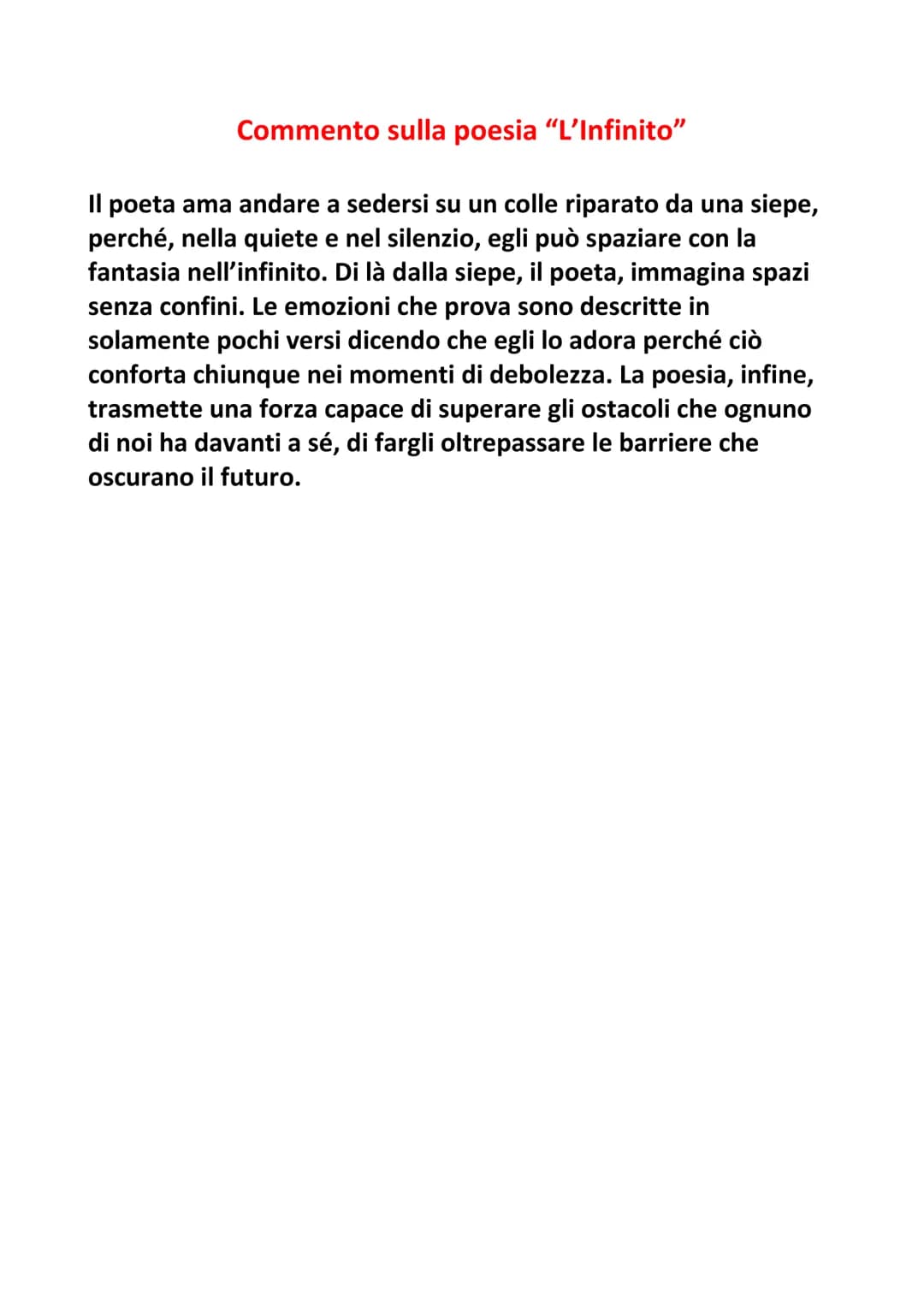 L'Infinito di Giacomo Leopardi
Introduzione: Da un'analisi del testo de L'infinito, uno dei
componimenti più noti di Giacomo Leopardi, è pos