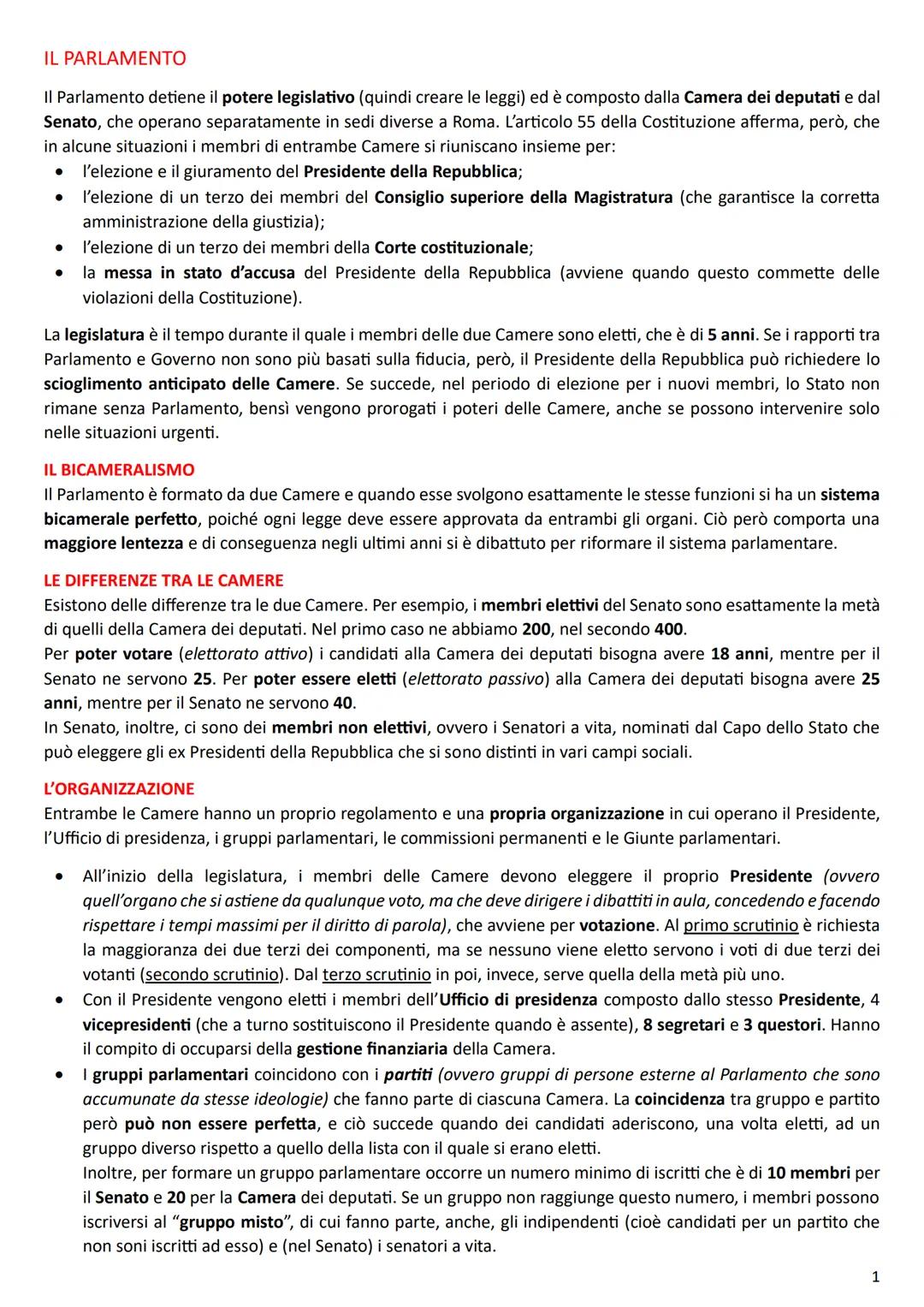 IL PARLAMENTO
Il Parlamento detiene il potere legislativo (quindi creare le leggi) ed è composto dalla Camera dei deputati e dal
Senato, che