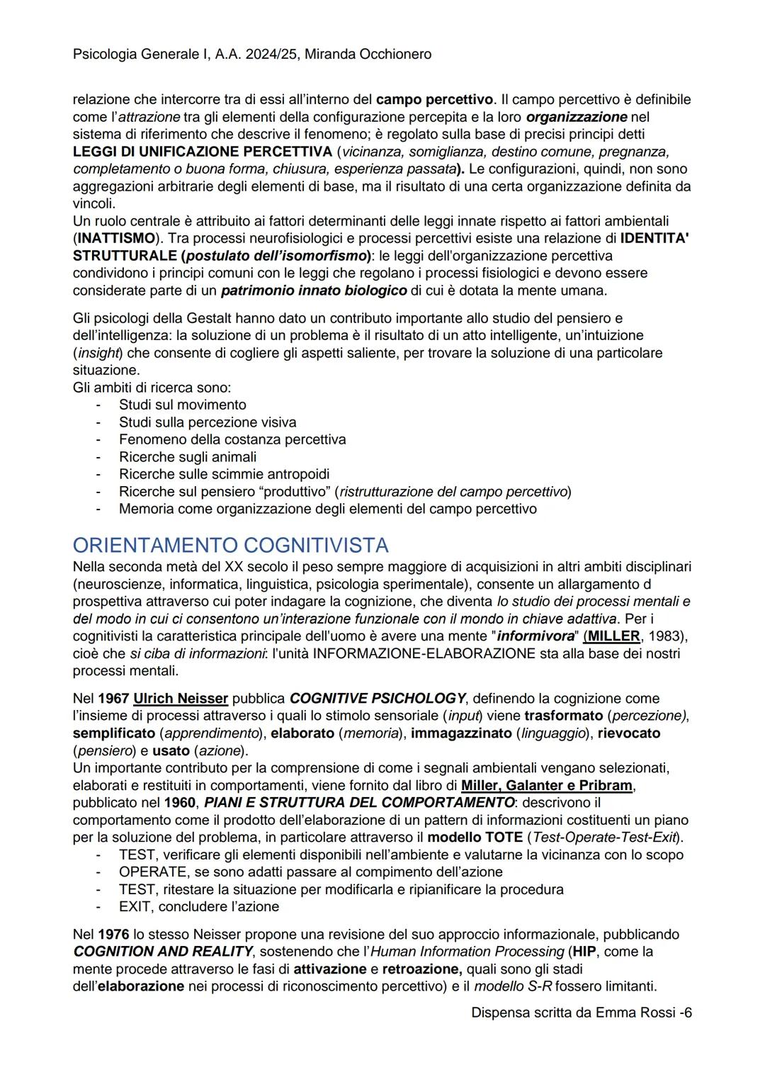 PSICOLOGIA
GENERALE I

SCIENZE E TECNICHE PSICOLOGICHE
Primo anno (a.a. 2024-2025), semestre 1
Prof. MIRANDA OCCHIONERO Psicologia Generale 