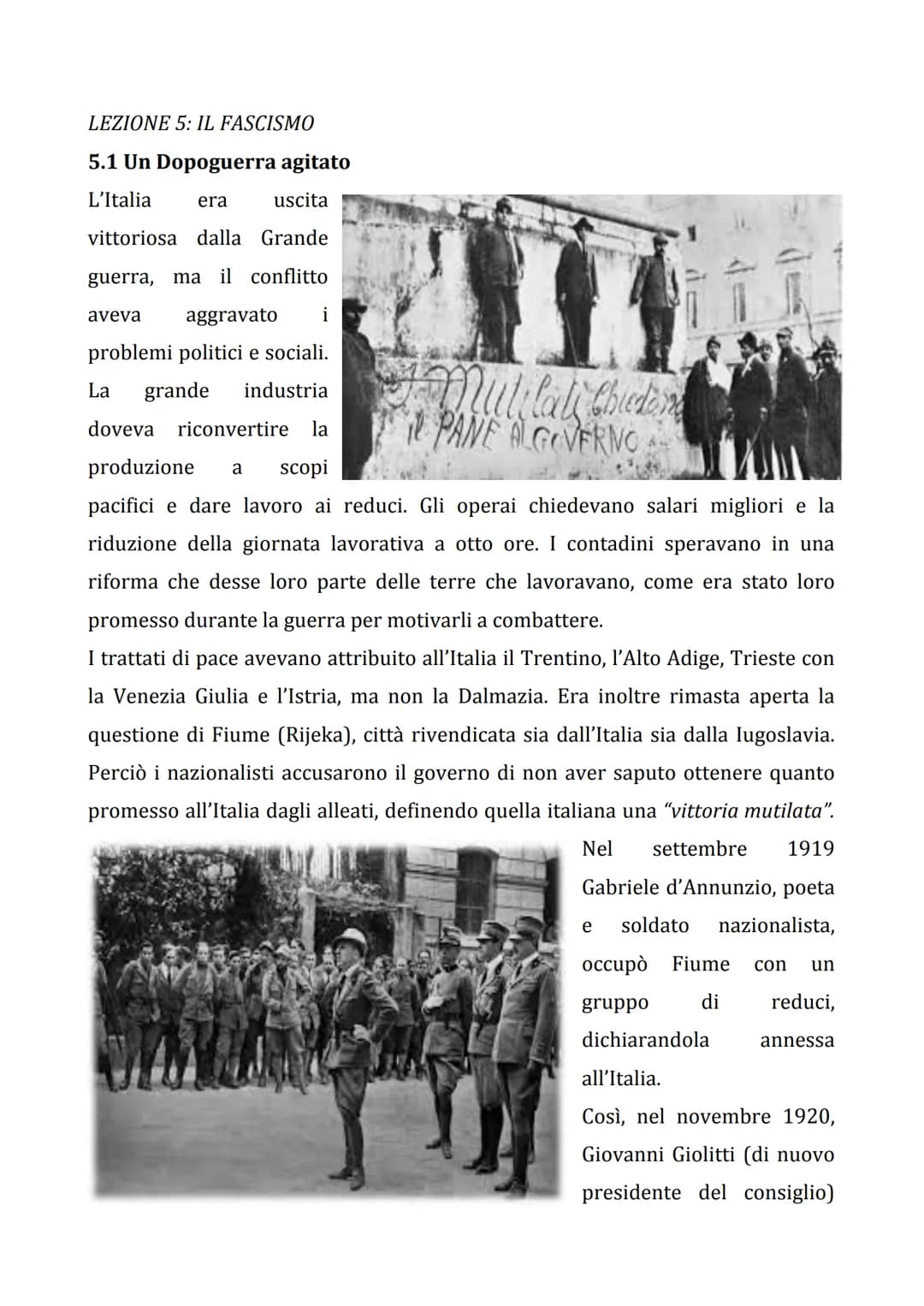 LEZIONE 5: IL FASCISMO
5.1 Un Dopoguerra agitato
L'Italia era
uscita
vittoriosa dalla Grande
guerra, ma il conflitto
aggravato
problemi poli