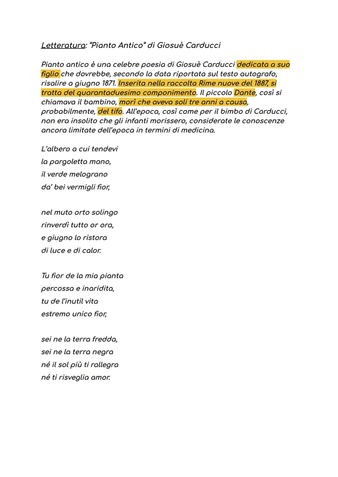 Letteratura: "Pianto Antico" di Giosuè Carducci
Pianto antico è una celebre poesia di Giosuè Carducci dedicata a suo
figlio che dovrebbe, se