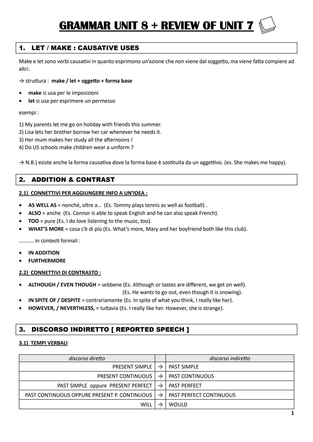 GRAMMATICA INGLESE (REPORTED SPEECH, PASSIVE, LET & MAKE, ADDITION & CONTRAST)
