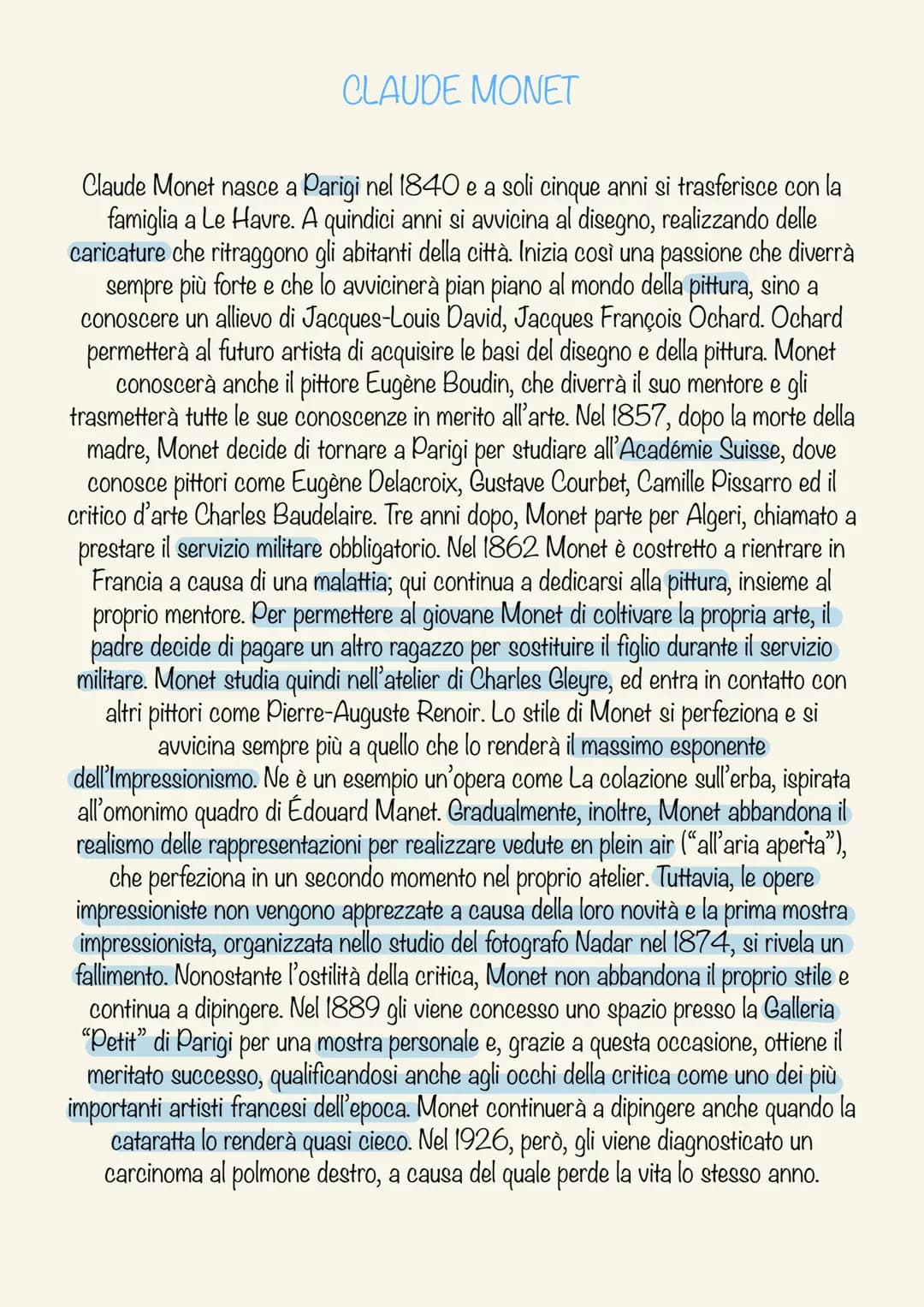 CLAUDE MONET
Claude Monet nasce a Parigi nel 1840 e a soli cinque anni si trasferisce con la
famiglia a Le Havre. A quindici anni si avvicin