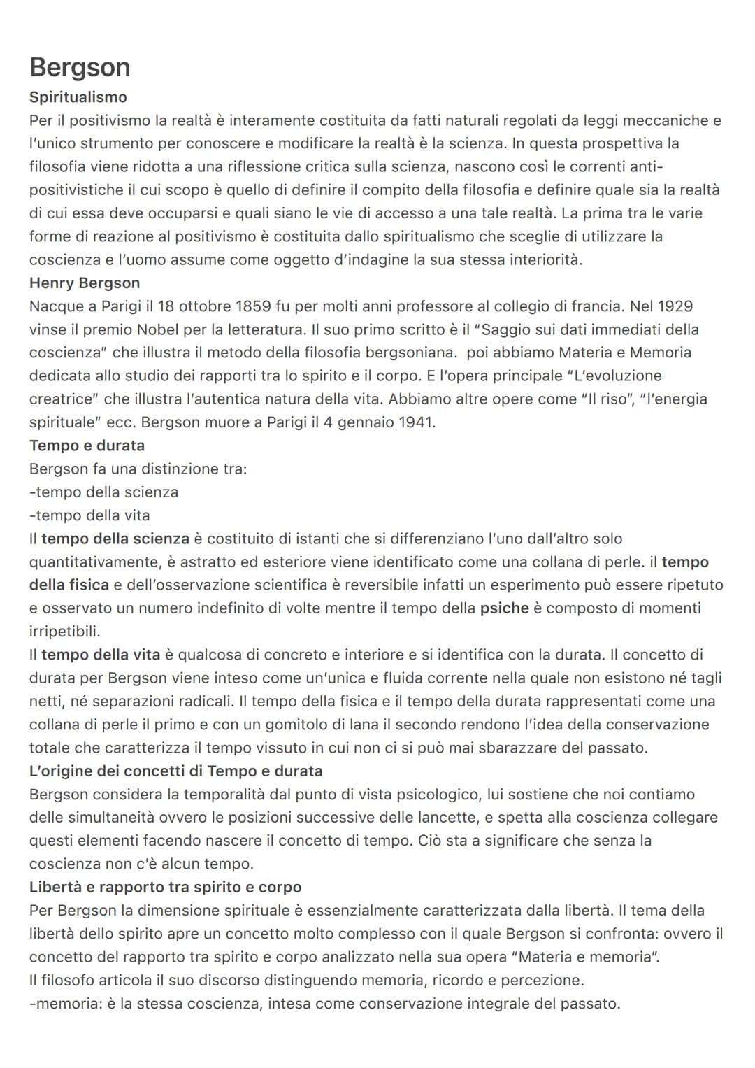Bergson
Spiritualismo
Per il positivismo la realtà è interamente costituita da fatti naturali regolati da leggi meccaniche e
l'unico strumen