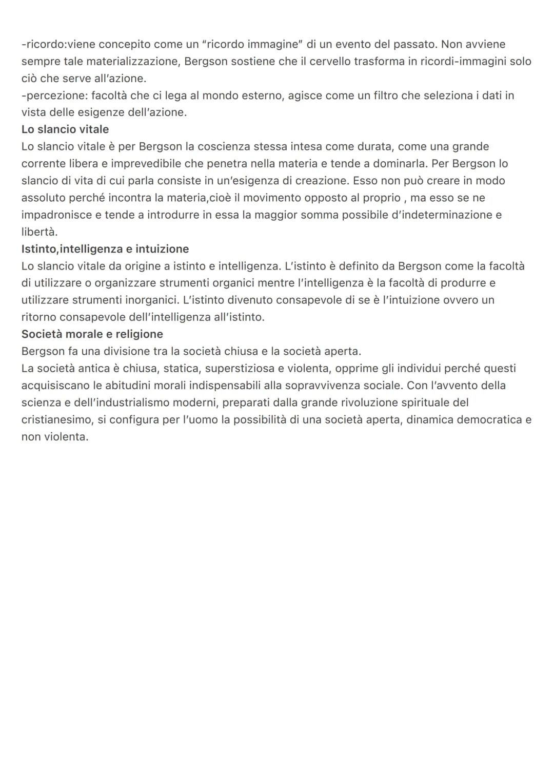 Bergson
Spiritualismo
Per il positivismo la realtà è interamente costituita da fatti naturali regolati da leggi meccaniche e
l'unico strumen