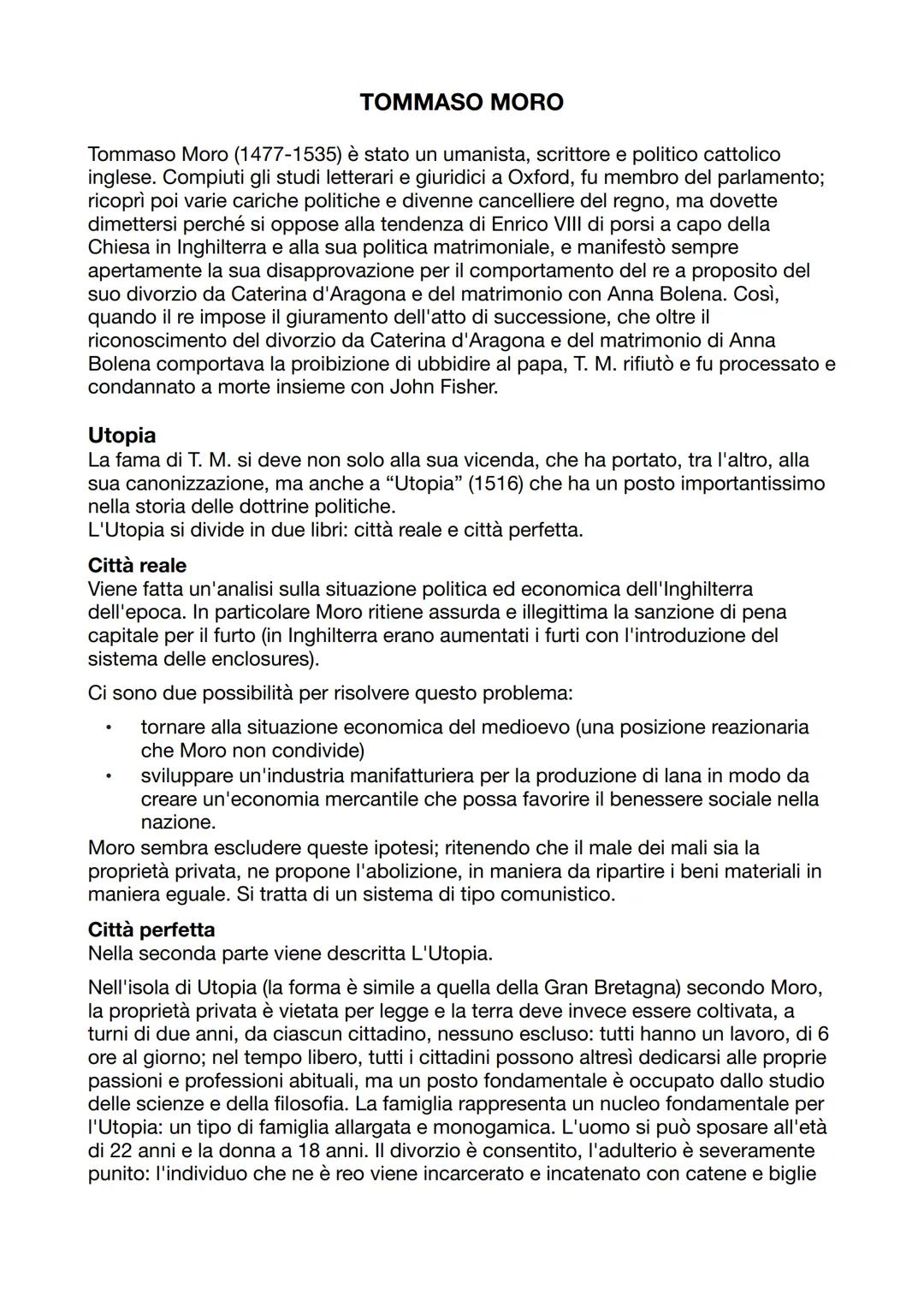 TOMMASO MORO
Tommaso Moro (1477-1535) è stato un umanista, scrittore e politico cattolico
inglese. Compiuti gli studi letterari e giuridici 
