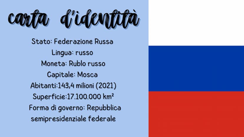 Russia
lo stato più grande
dell'mondo
OMY
inaass
AVA
KO carta d'identità
Stato: Federazione Russa
Lingua: russo
Moneta: Rublo russo
Capitale