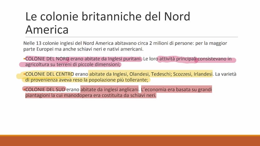 RIVOLUZIONE
AMERICANA
PP. 214 - Le colonie britanniche del Nord
America
Nelle 13 colonie inglesi del Nord America abitavano circa 2 milioni 