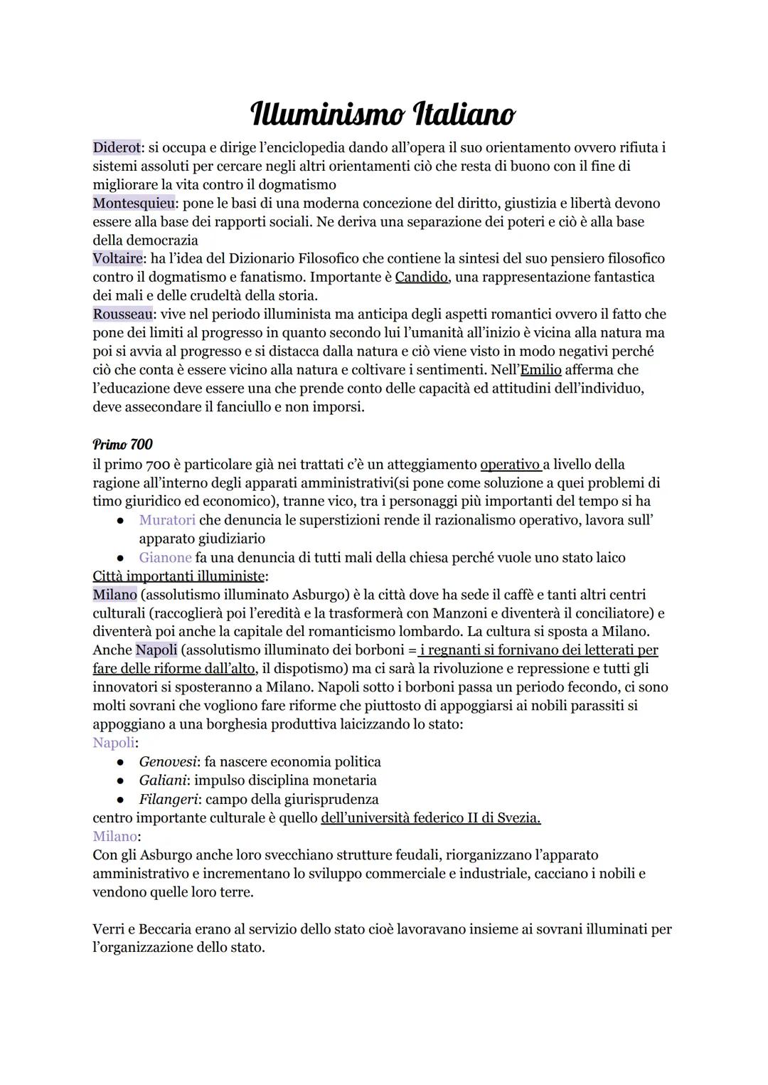 # Illuminismo Italiano

Diderot: si occupa e dirige l'enciclopedia dando all'opera il suo orientamento ovvero rifiuta i
sistemi assoluti per