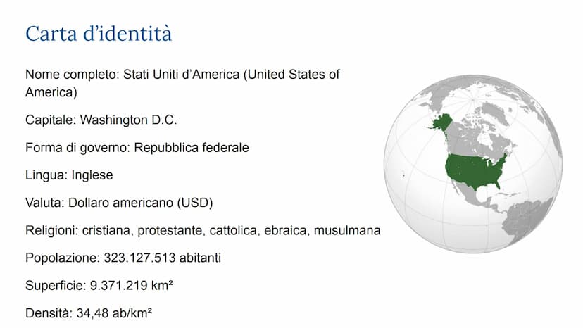 Stati Uniti d'America Carta d'identità
Nome completo: Stati Uniti d'America (United States of
America)
Capitale: Washington D.C.
Forma di go