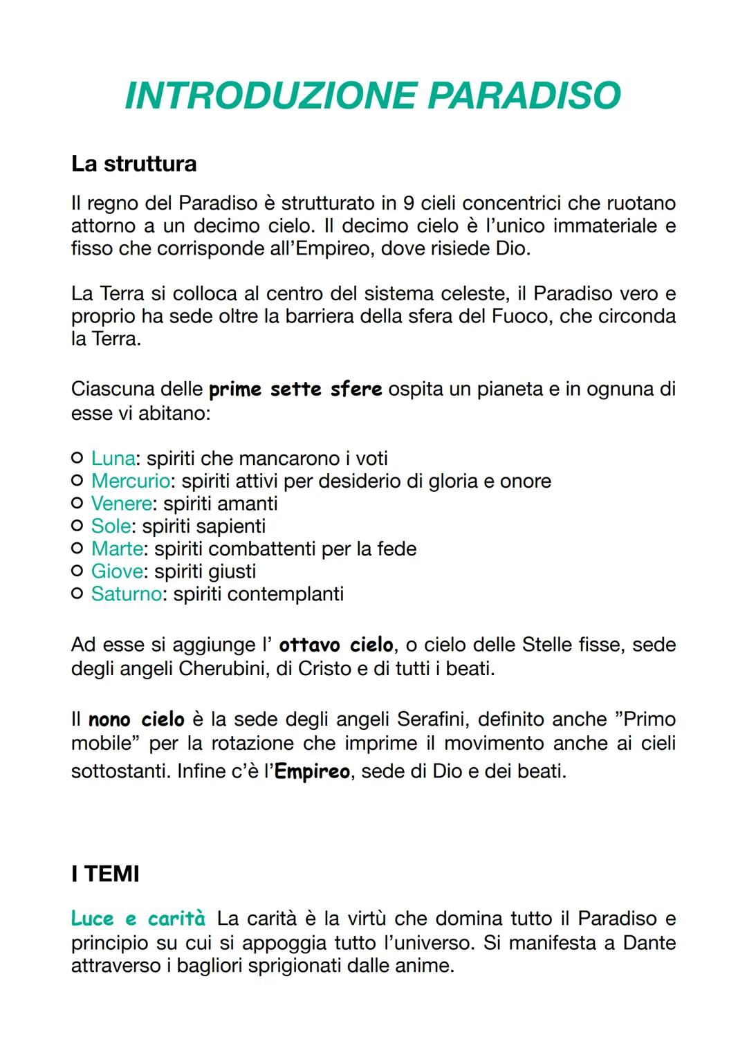 INTRODUZIONE PARADISO
La struttura
Il regno del Paradiso è strutturato in 9 cieli concentrici che ruotano
attorno a un decimo cielo. Il deci