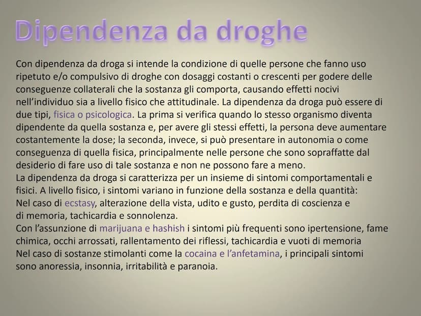 ALCOL E DROGHE
Prognt
Lucia Procopio 1B Le droghe
Secondo l'Organizzazione Mondiale della Sanità sono da
considerare sostanze stupefacenti t