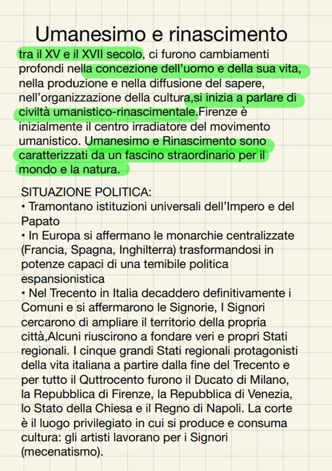  Umanesimo e rinascimento
tra il XV e il XVII secolo, ci furono cambiamenti
profondi nella concezione dell'uomo e della sua vita,
nella prod
