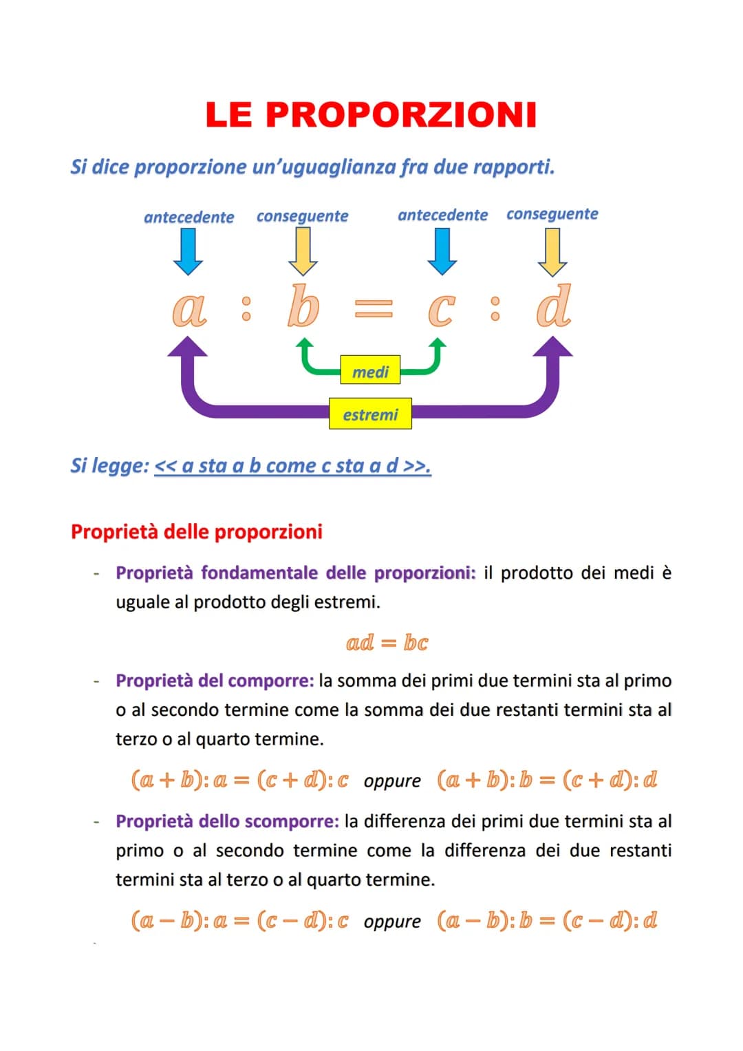 LE PROPORZIONI
Si dice proporzione un'uguaglianza fra due rapporti.
antecedente conseguente
antecedente conseguente
a
: b
= C:
medi
estremi
