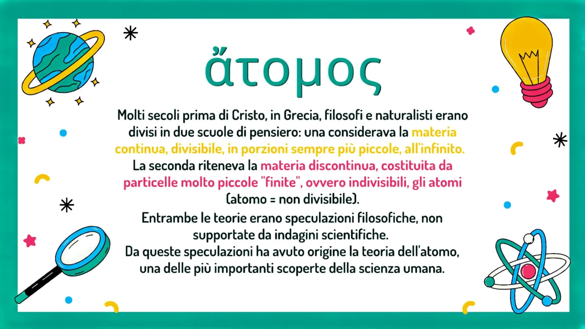 G
TEORIE
ATOMICHE
||||||||| ☆
ἄτομος
Molti secoli prima di Cristo, in Grecia, filosofi e naturalisti erano
divisi in due scuole di pensiero: