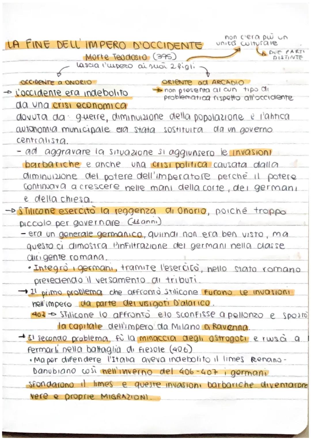 # LA FINE DELL' IMPERO D'OCCIDENTE

Morte Teodosio (395)

lascia i'cupero ai suoi z figli

OCCIDENTE A ONDRIO

→l'occidente era indebolito

