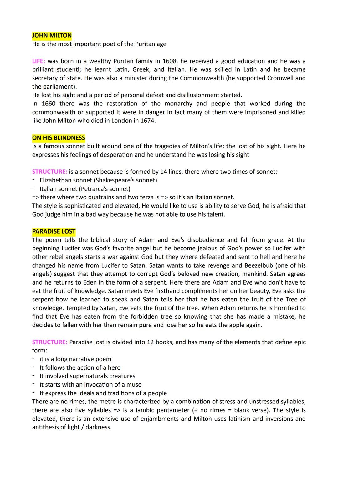 JOHN MILTON
He is the most important poet of the Puritan age
LIFE: was born in a wealthy Puritan family in 1608, he received a good educatio