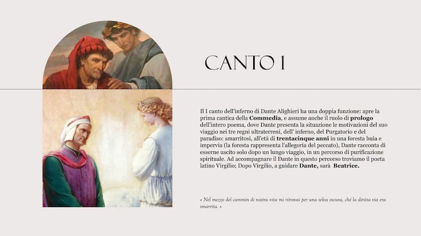 INFERNO
I & II CANTO
DANTE ALIGHIERI CANTO I CANTO 1
Il I canto dell'inferno di Dante Alighieri ha una doppia funzione: apre la
prima cantic