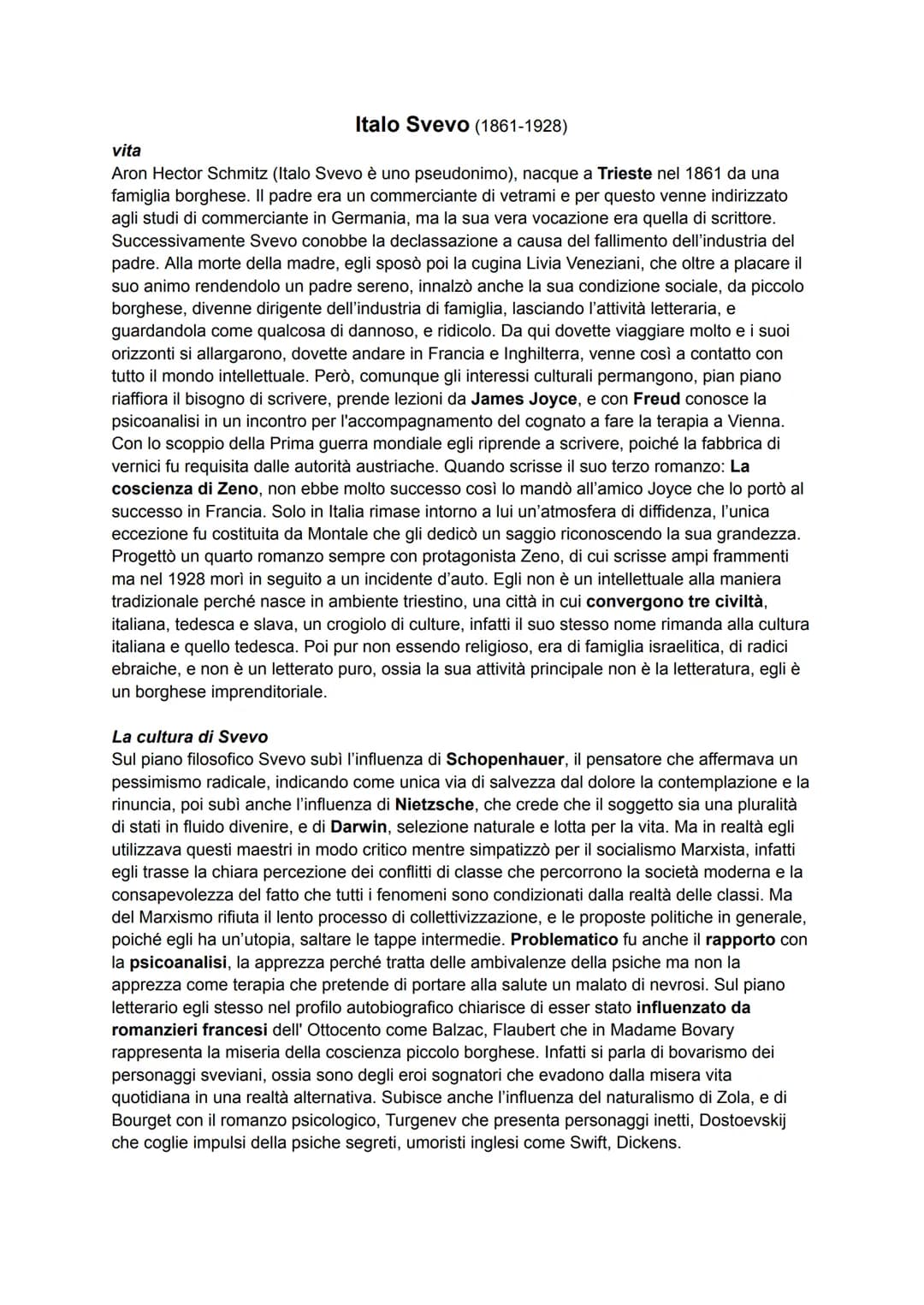 Italo Svevo (1861-1928)
vita
Aron Hector Schmitz (Italo Svevo è uno pseudonimo), nacque a Trieste nel 1861 da una
famiglia borghese. Il padr