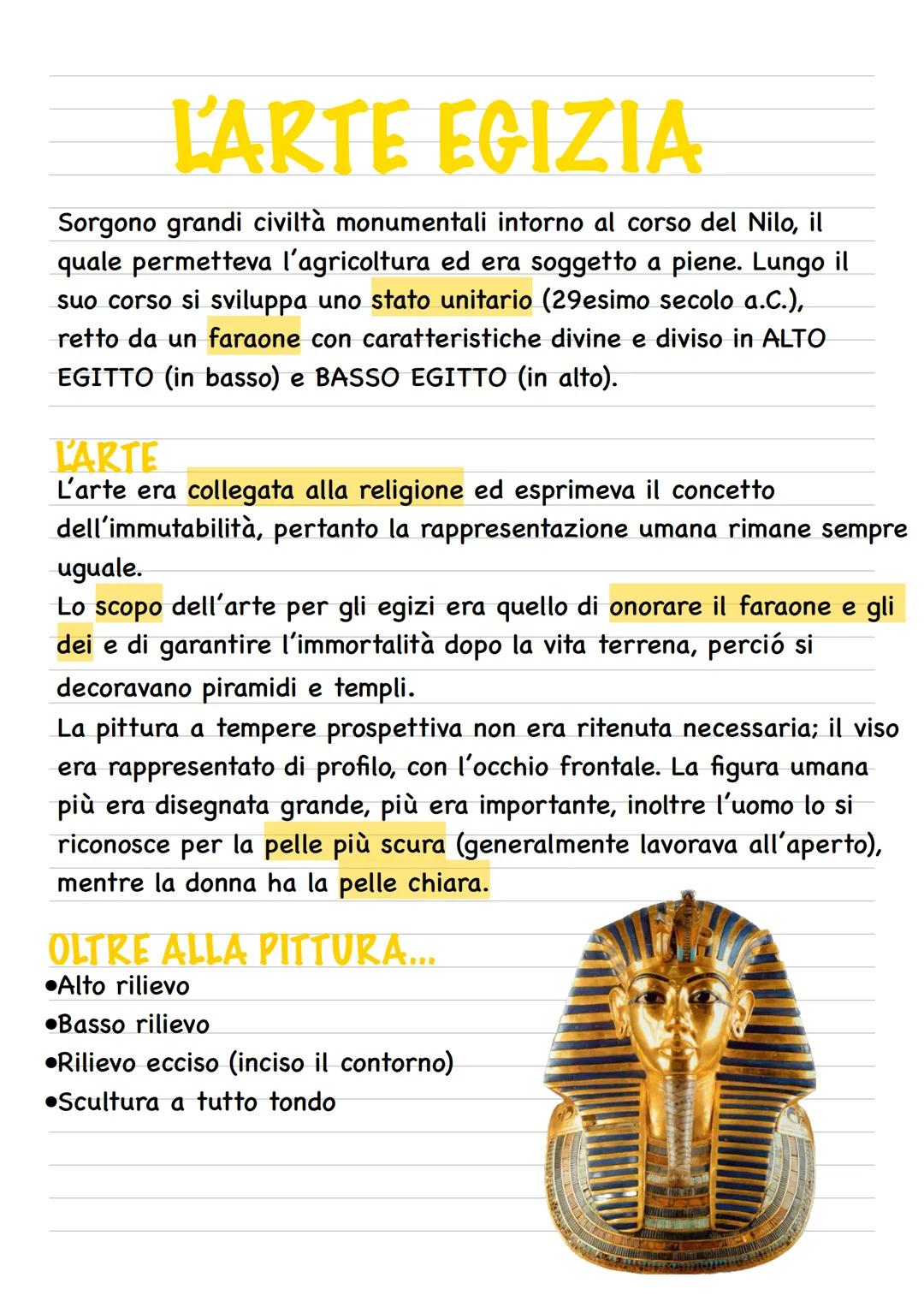 # L'ARTE EGIZIA

Sorgono grandi civiltà monumentali intorno al corso del Nilo, il
quale permetteva l'agricoltura ed era soggetto a piene. Lu