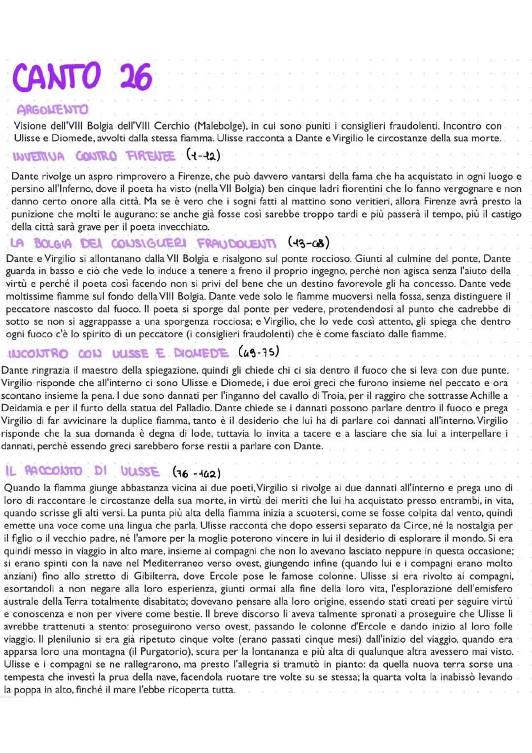 CANTO 26
ARGOMENTO
Visione dell'VIII Bolgia dell'VIII Cerchio (Malebolge), in cui sono puniti i consiglieri fraudolenti. Incontro con
Ulisse