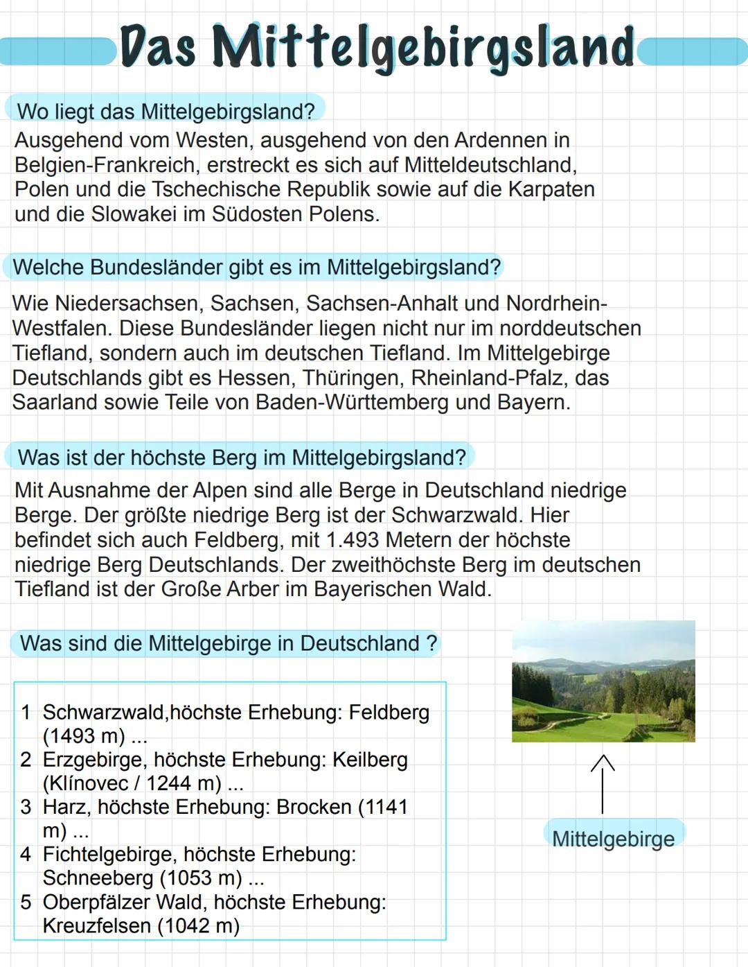 # Das Mittelgebirgsland

Wo liegt das Mittelgebirgsland?

Ausgehend vom Westen, ausgehend von den Ardennen in
Belgien-Frankreich, erstreckt 