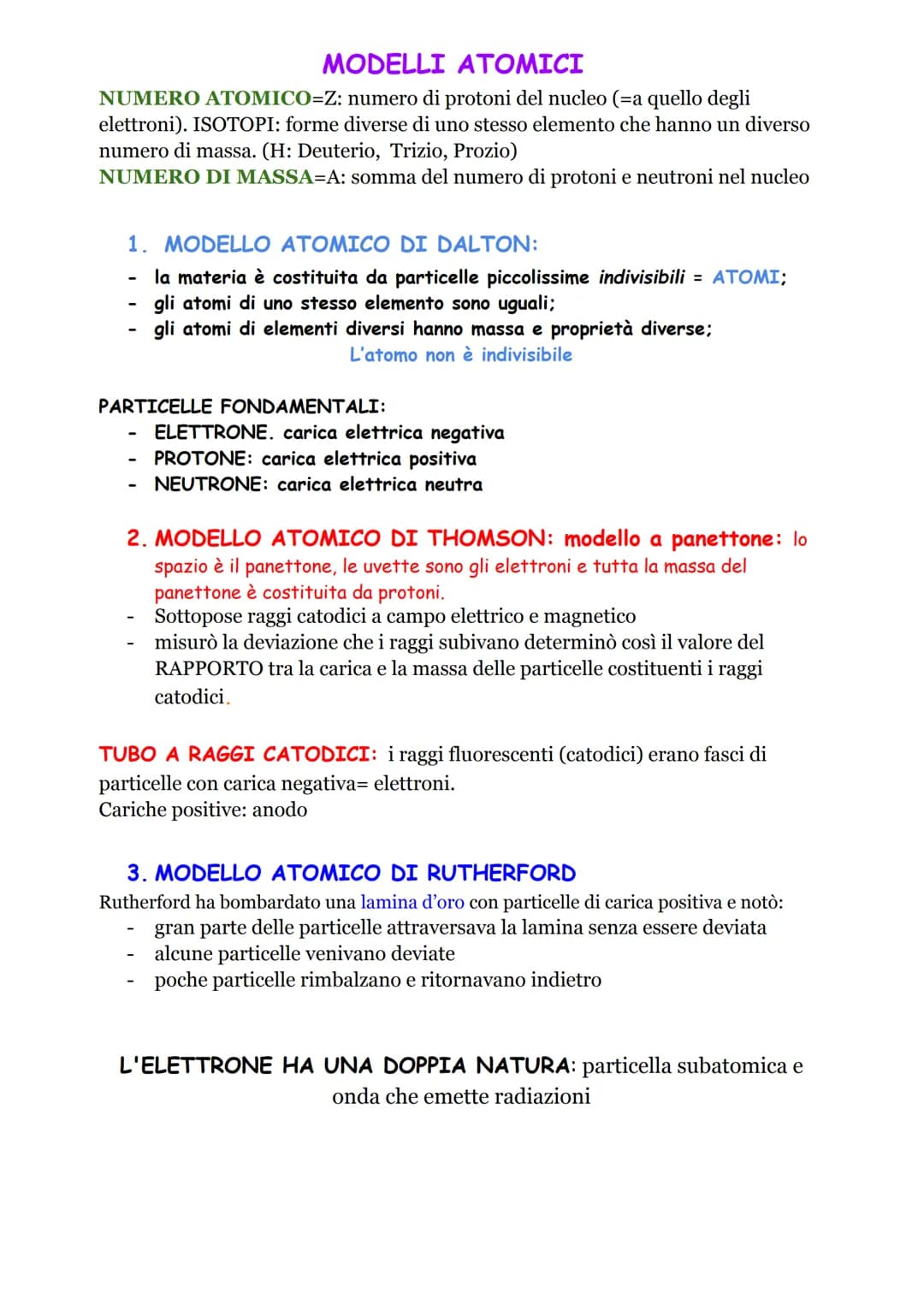 MODELLI ATOMICI
NUMERO ATOMICO=Z: numero di protoni del nucleo (=a quello degli
elettroni). ISOTOPI: forme diverse di uno stesso elemento ch