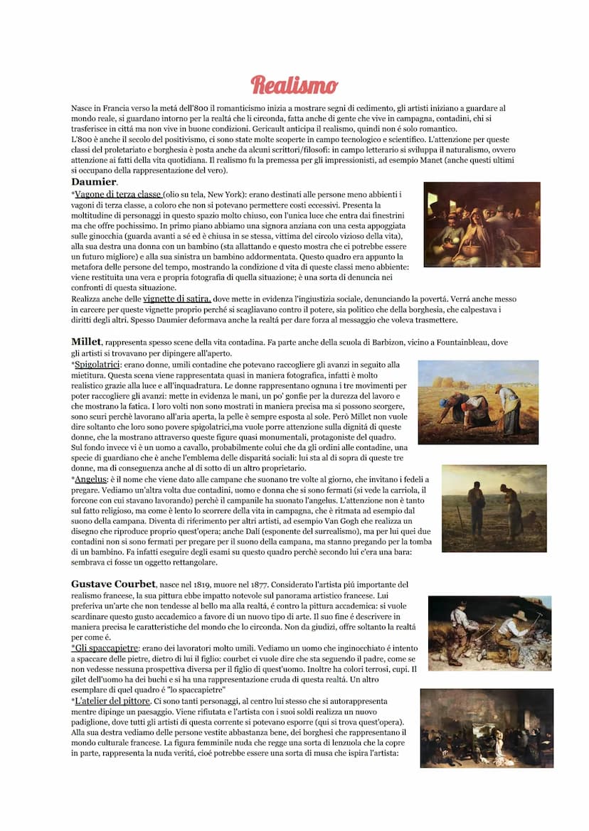 Realismo
Nasce in Francia verso la metá dell'800 il romanticismo inizia a mostrare segni di cedimento, gli artisti iniziano a guardare al
mo