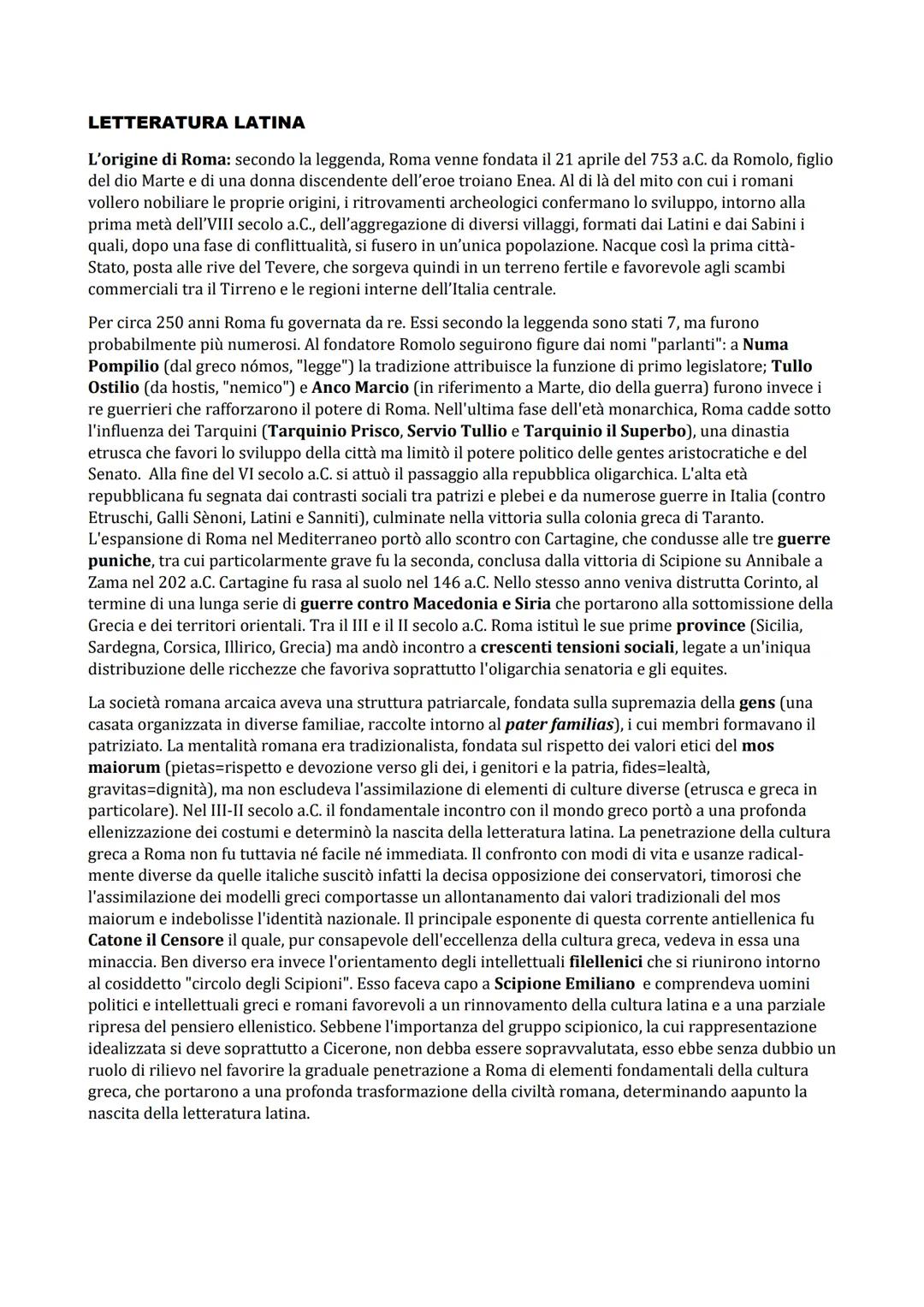 # LETTERATURA LATINA

L'origine di Roma: secondo la leggenda, Roma venne fondata il 21 aprile del 753 a.C. da Romolo, figlio
del dio Marte e