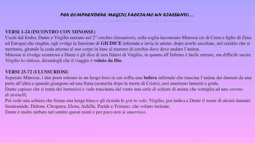 Inferno (canto V)
COSA ACCADRÀ QUANDO
DANTE E VIRGILIO
ENTRERANNO NEL SECONDO
CERCHIO DELL'INFERNO, IL
CERCHIO DEI LUSSURIOSI? INTRODUZIONE
