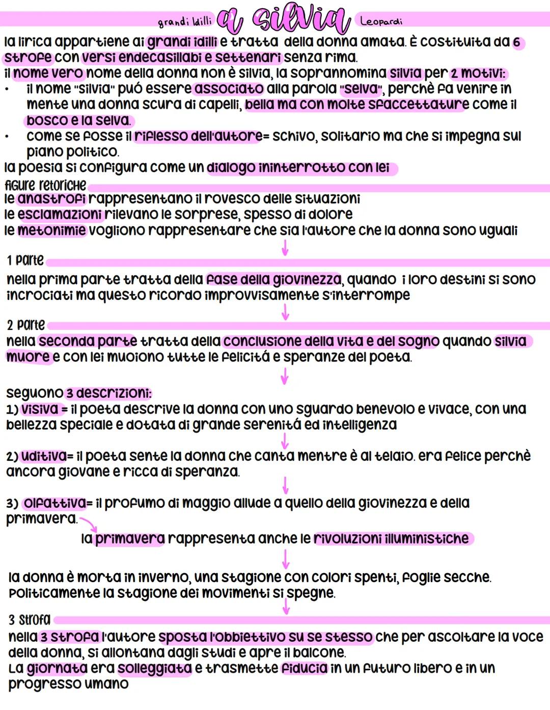 a silvia
Leopardi
la lirica appartiene ai grandi idilli e tratta della donna amata. È costituita da 6
Strofe con versi endecasillabi e sette