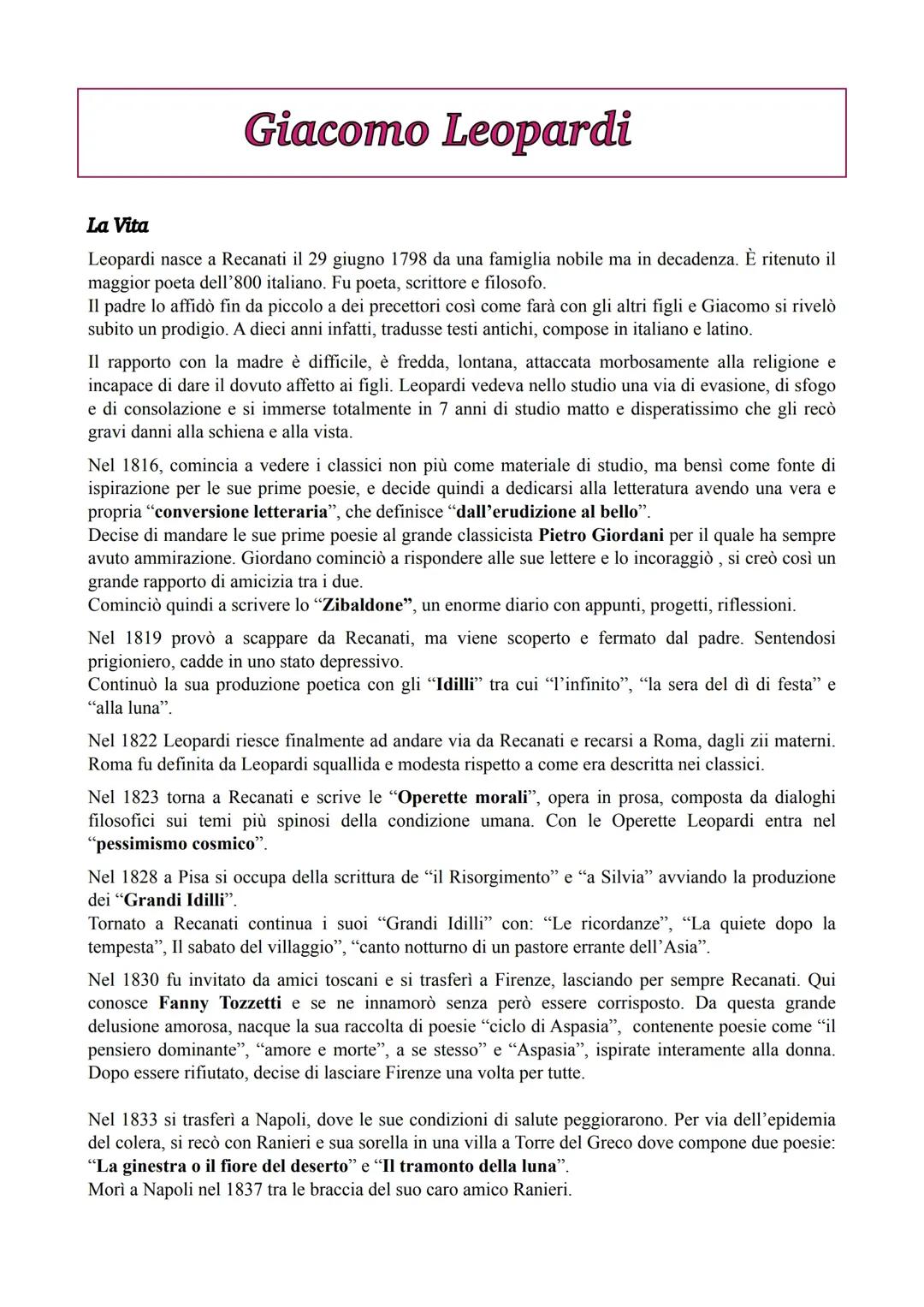 Giacomo Leopardi: vita, poetica, pensiero e analisi poesie