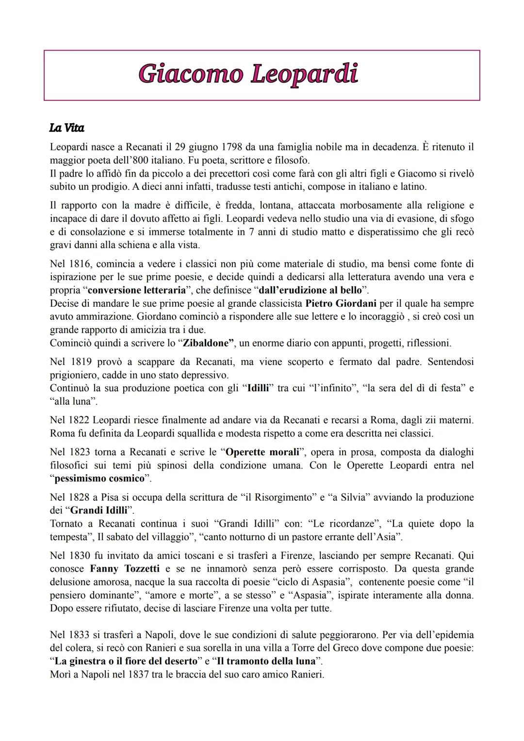 Giacomo Leopardi
La Vita
Leopardi nasce a Recanati il 29 giugno 1798 da una famiglia nobile ma in decadenza. È ritenuto il
maggior poeta del