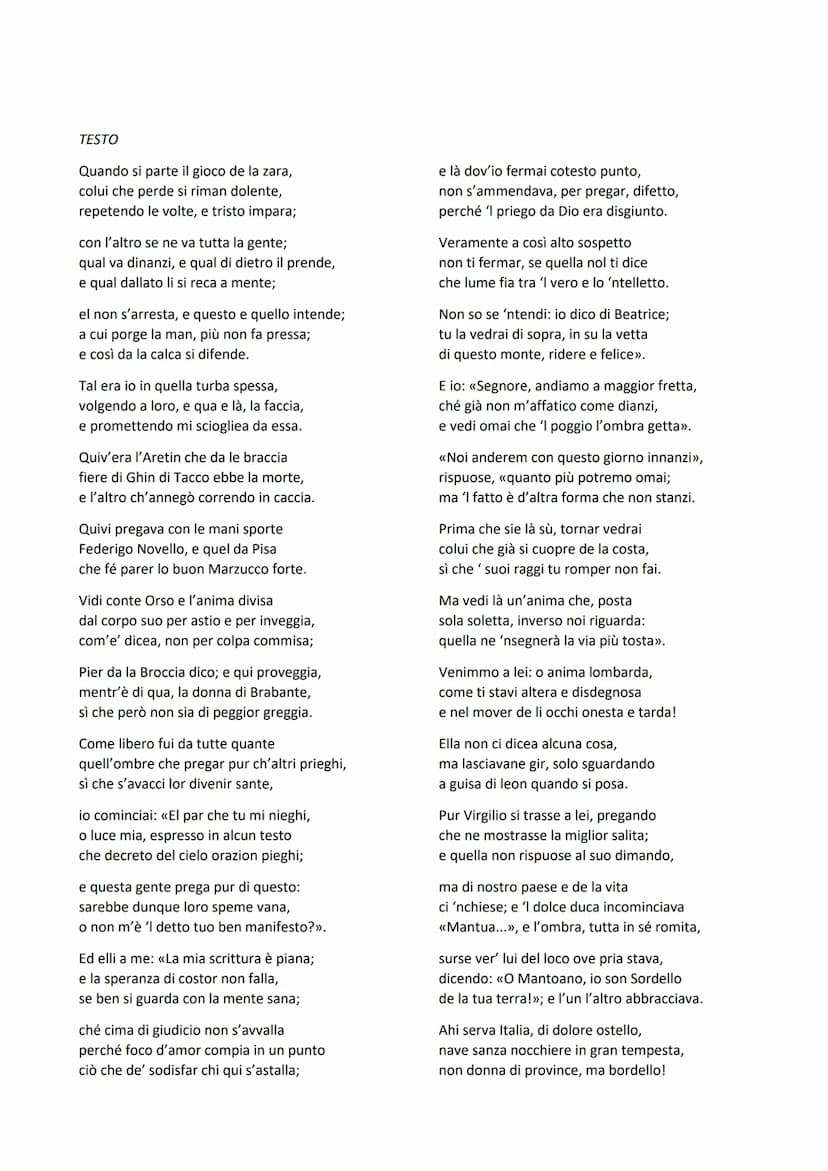 CANTO VI DEL PURGATORIO
In perfetta continuità con il Canto precedente, il Canto VI del Purgatorio si apre con una lunga rassegna di
anime v