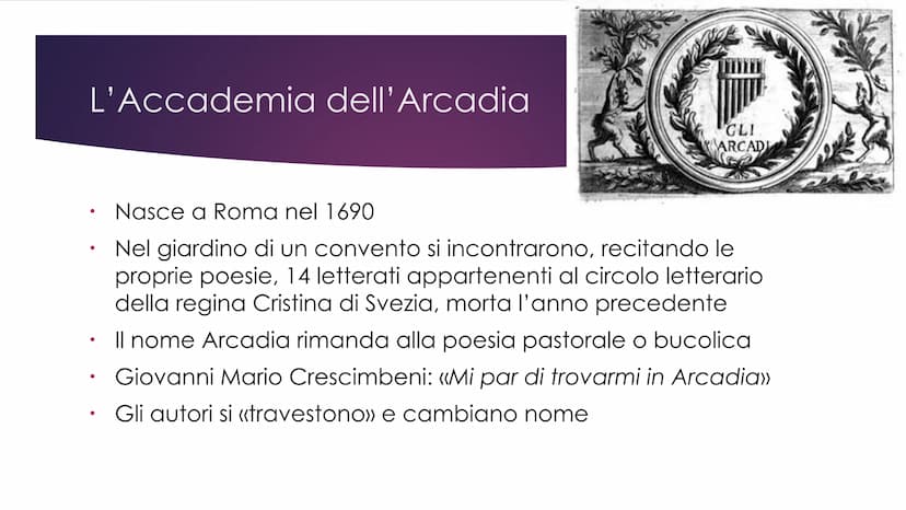 Il Settecento Dal Seicento al Settecento
●
●
Nel 1690 viene fondata l'Accademia dell'Arcadia
Questa data può essere considerata l'inizio di 