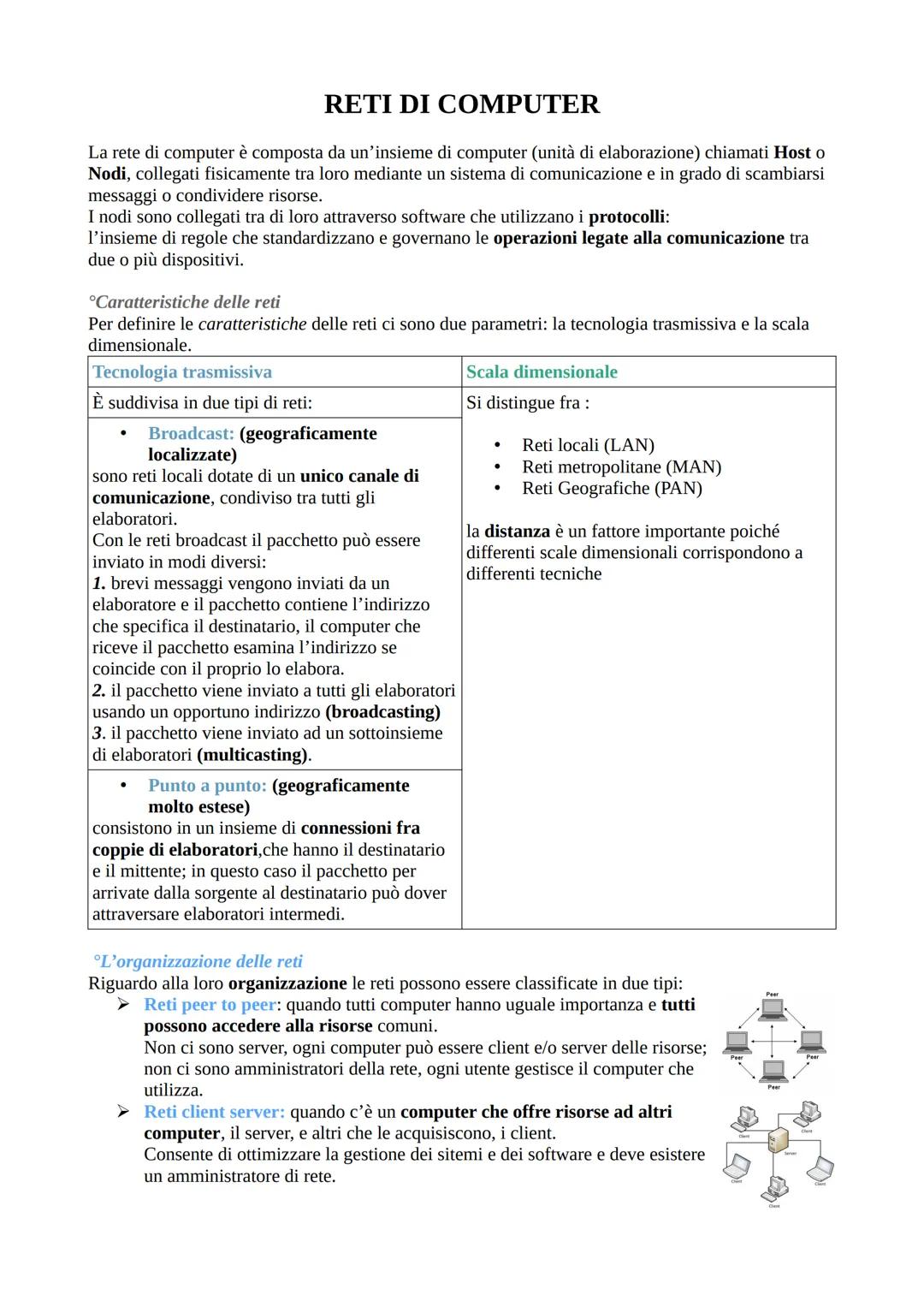 RETI DI COMPUTER
La rete di computer è composta da un'insieme di computer (unità di elaborazione) chiamati Host o
Nodi, collegati fisicament