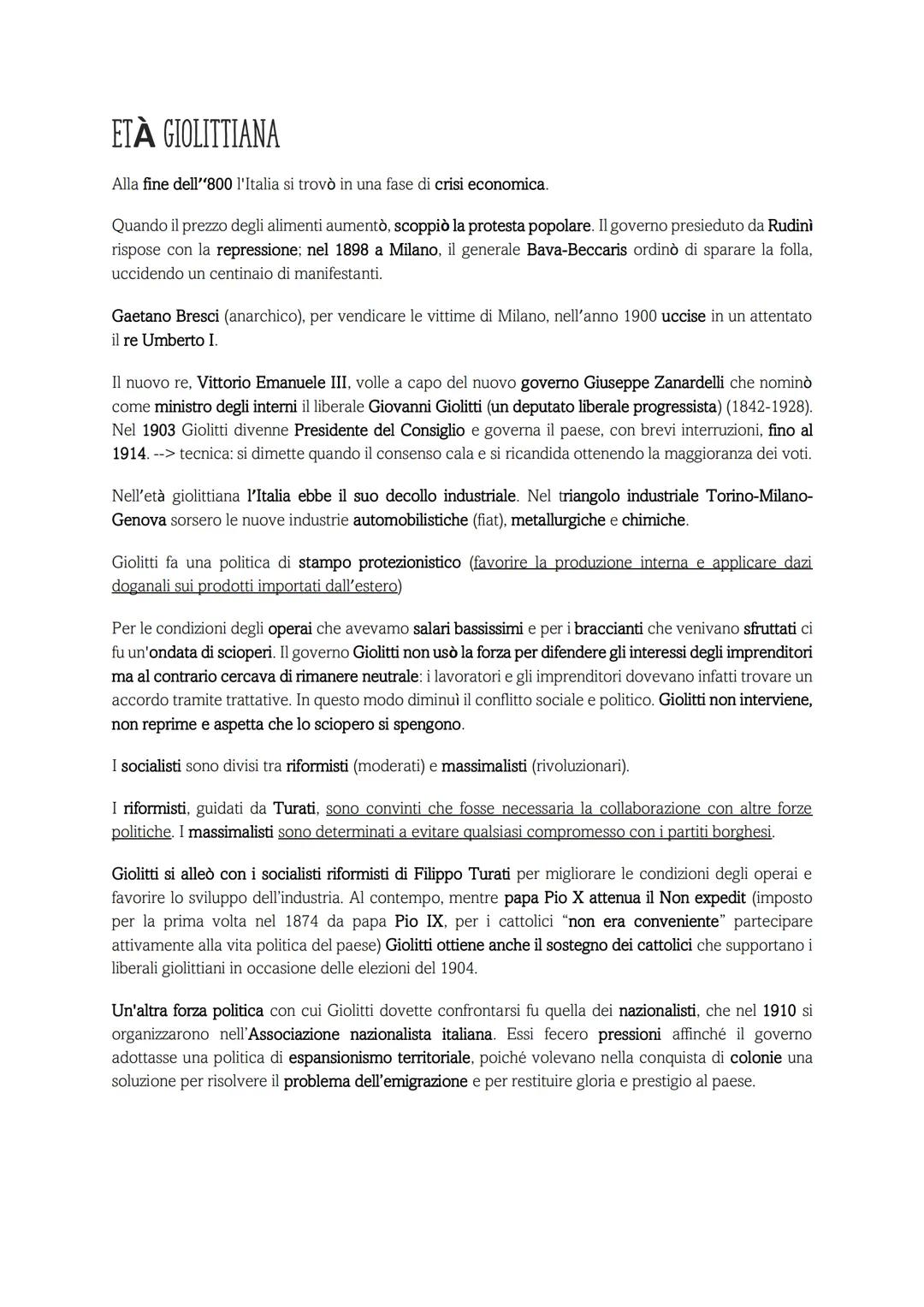 # ETÀ GIOLITTIANA

Alla fine dell'800 l'Italia si trovò in una fase di crisi economica.

Quando il prezzo degli alimenti aumentò, scoppiò la