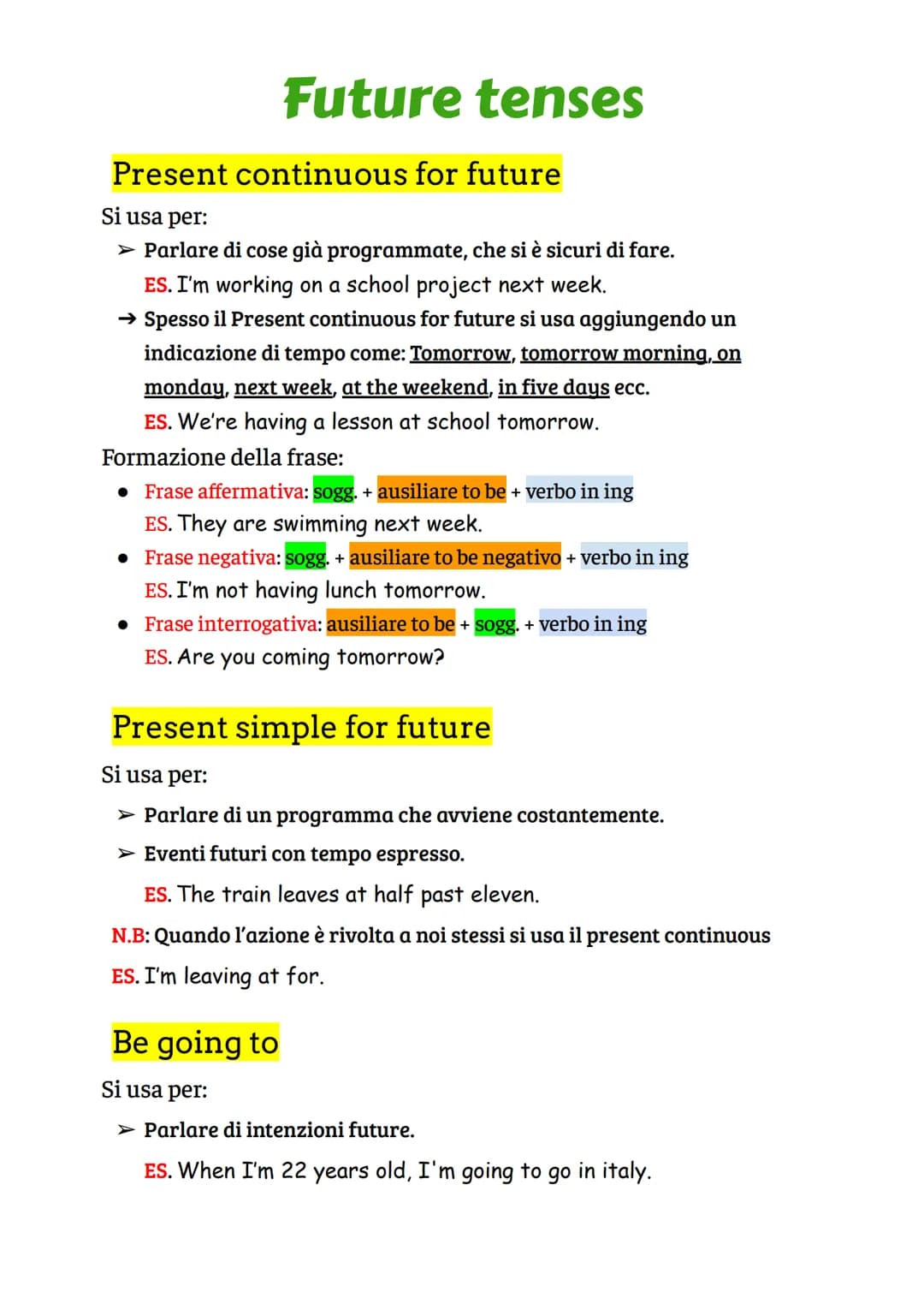 Future tenses
Present continuous for future
Si usa per:
➤ Parlare di cose già programmate, che si è sicuri di fare.
ES. I'm working on a sch