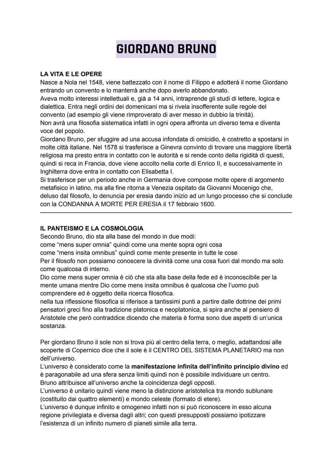 # GIORDANO BRUNO

LA VITA E LE OPERE

Nasce a Nola nel 1548, viene battezzato con il nome di Filippo e adotterà il nome Giordano
entrando un