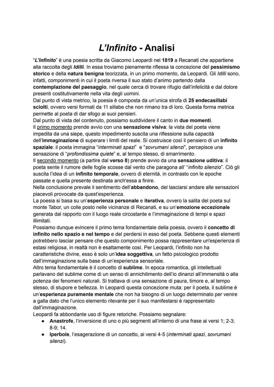 L'Infinito - Analisi
"L'Infinito" è una poesia scritta da Giacomo Leopardi nel 1819 a Recanati che appartiene
alla raccolta degli Idilli. In