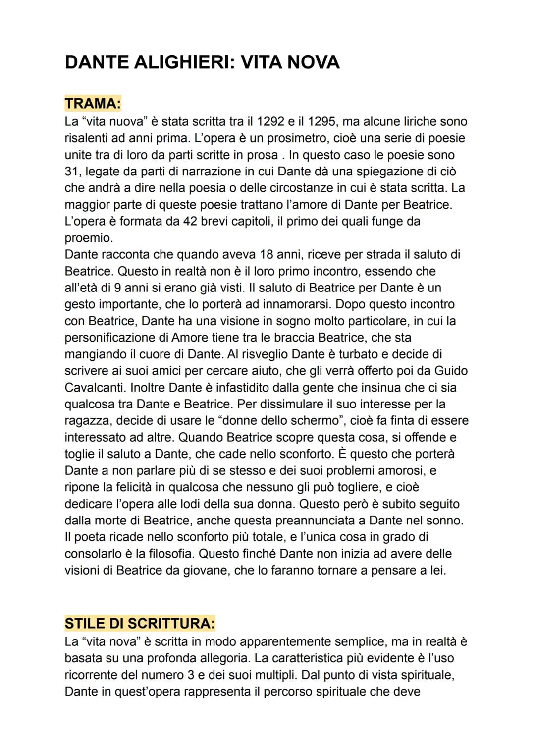 DANTE ALIGHIERI: VITA NOVA
TRAMA:
La "vita nuova" è stata scritta tra il 1292 e il 1295, ma alcune liriche sono
risalenti ad anni prima. L'o